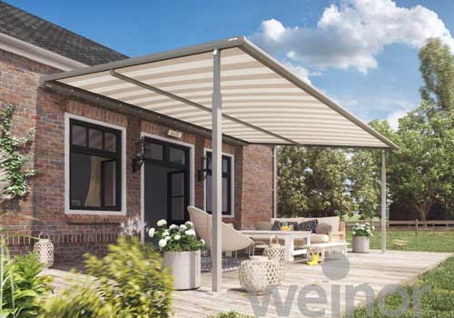 Pergola Markise Plaza Viva | Produkte | EM Sonnenschutz - Mit der textilen Pergola-Markise Plaza Viva nutzen Sie Ihre Terrasse ausgiebig und unbeschwert – fast unabhängig vom Wetter.