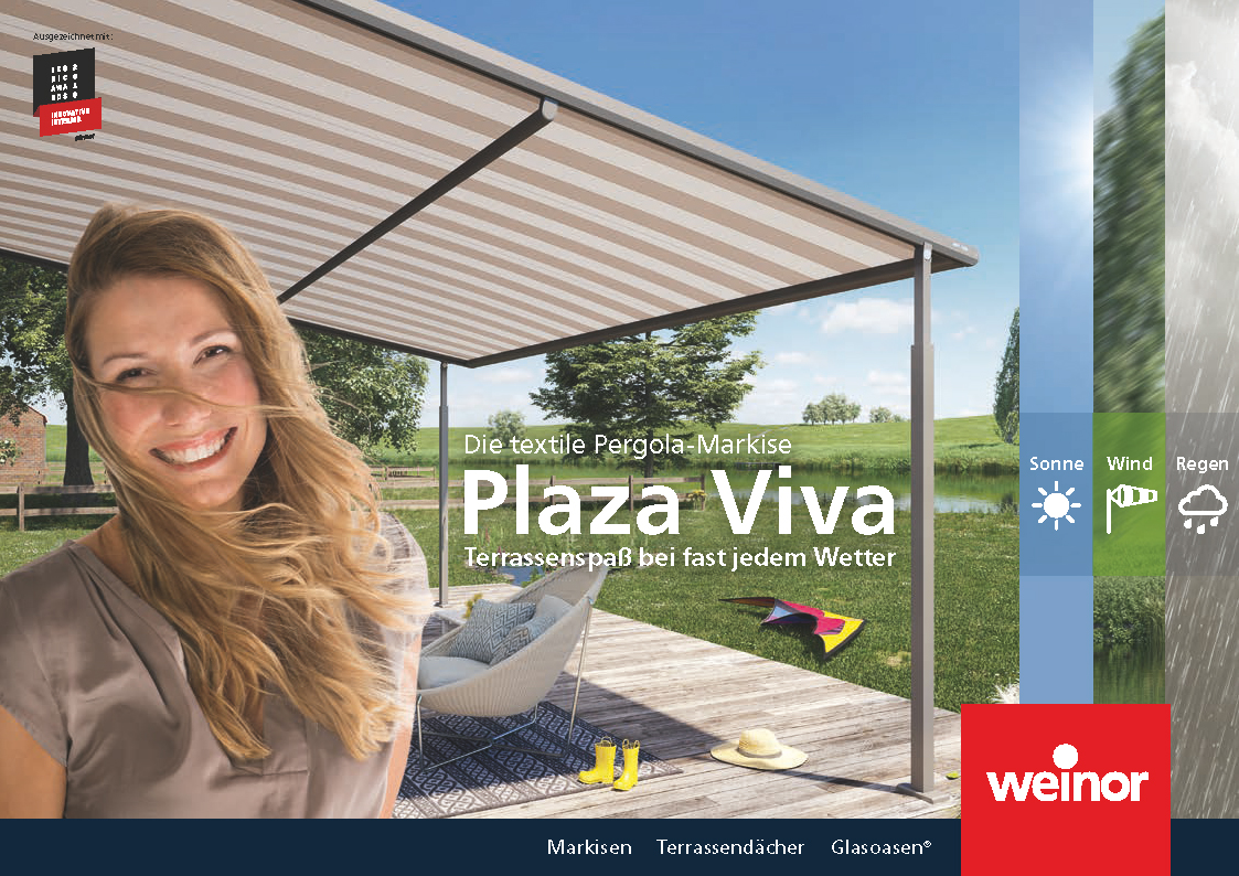 Pergola Markise Plaza Viva | Produkte | EM Sonnenschutz - Mit der textilen Pergola-Markise Plaza Viva nutzen Sie Ihre Terrasse ausgiebig und unbeschwert – fast unabhängig vom Wetter.
